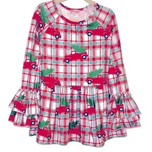 Clover Cottage Size 7/8yrs Plaid Ruffled Sleeve Red Christmas Truck Tunic Top